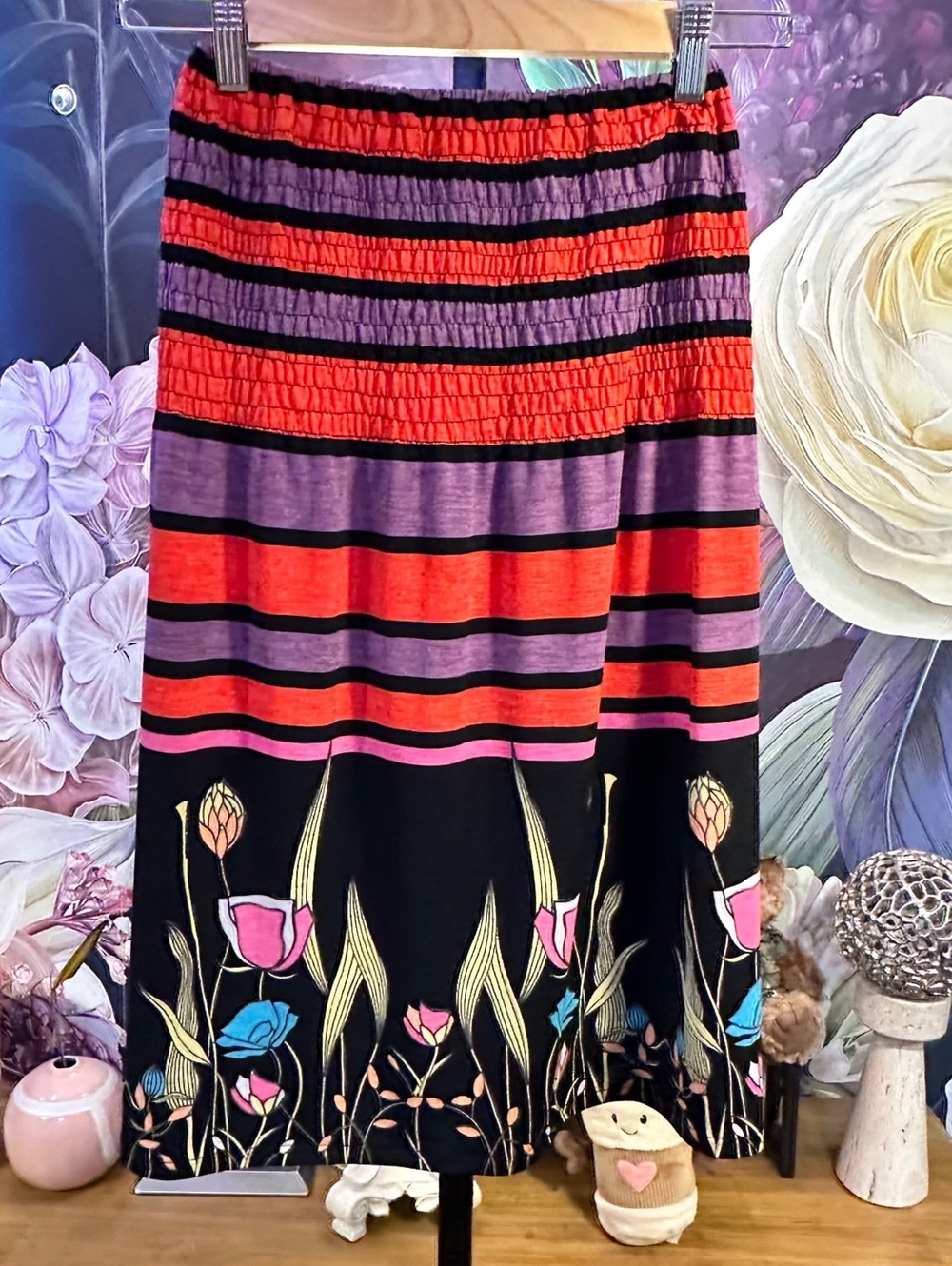 Women's XS Floral Stripe Midi Skirt Elastic Waist Whimsigoth Boho Y2K Unbranded